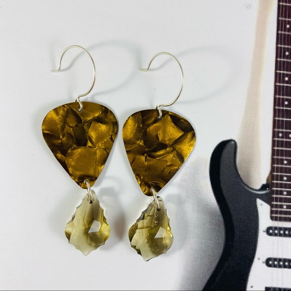 Bronze Pearl guitar Pick earrings with Swarovski crystal drops sterling silver - Picture 2 of 2